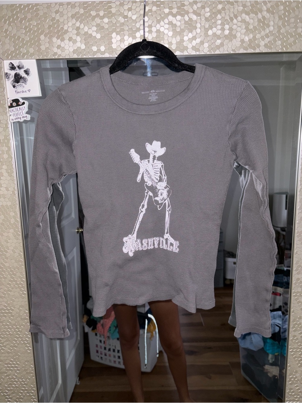 Brandy Melville Gray Long-Sleeve Nashville Skeleton Tee